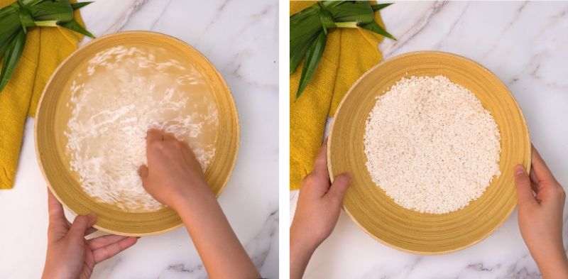 Ảnh 2: Sau khi ngâm gạo đủ thời gian, bạn để trong rổ cho ráo nước